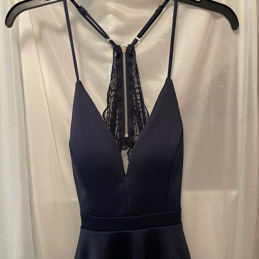 Navy flared mini dress with lace back